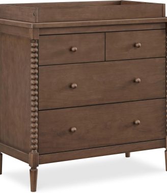 Delta Children Saint 4 Drawer Dresser with Changing Top and Interlocking Drawers, Teak Brown