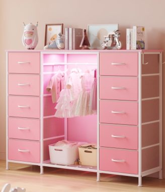 LUMTOK 2-in-1 Dresser with Hanging Rack, 10 Drawers Dresser for Bedroom,Dressers with Fabric Drawers,LED Lights, Charging Station and Hanging Racks for Bedroom (Pink)