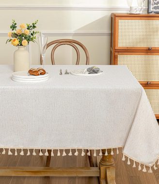 MYSKY HOME Table Cloth 60x84 in Rectangle Table, Heavy Duty Cotton Tassel Linen Look Waterproof Tablecloths Farmhouse Tablecloth, Wrinkle Free Table Cover with Beige Tassels for Kitchen Dining, Party