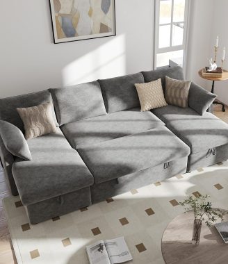 Real Relax 104'' Sofa Bed, U Shaped Chenille Sleeper Sofa Couch with Pull Out Bed and Chaise Storage for Living Room, Apartment and Office, Dark Gray